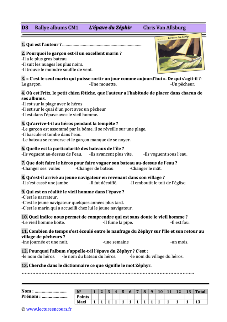 Questionnaire L'épave du Zéphyr