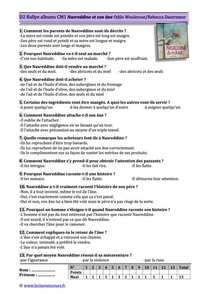 Questionnaire Nasreddine et son âne