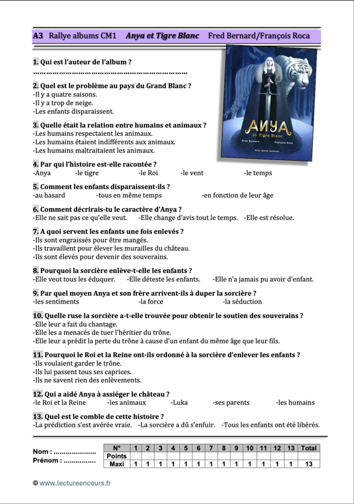 Questionnaire Anya et Tigre Blanc