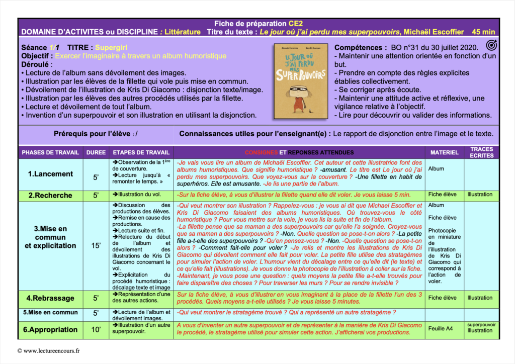 Fiche de préparation Le jour où j'ai perdu mes superpouvoirs