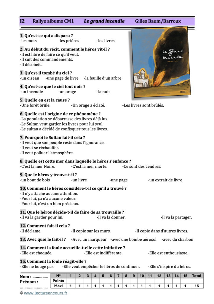 Questionnaire Le Grand incendie