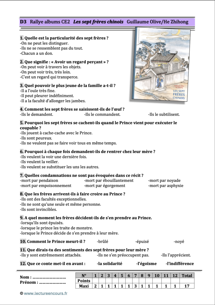 Questionnaire Les sept frères chinois