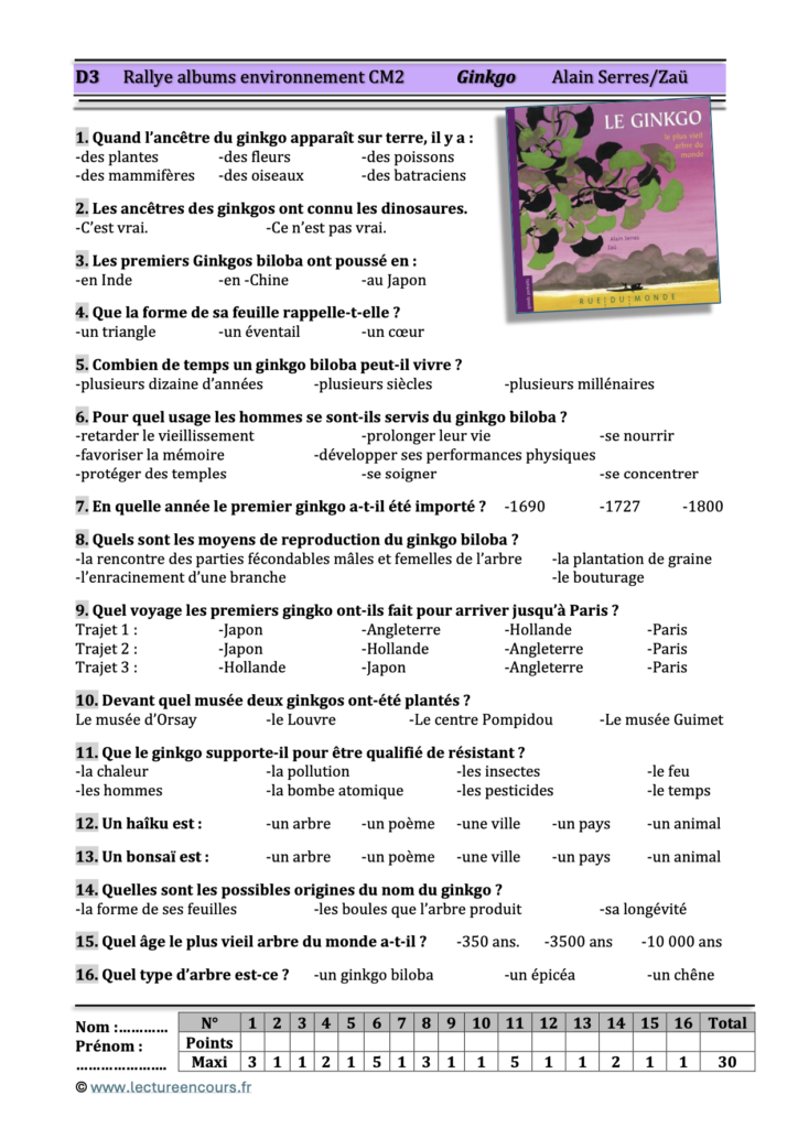 Questionnaire Le ginkgo