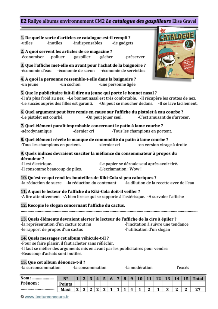 Questionnaire Le catalogue des gaspilleurs