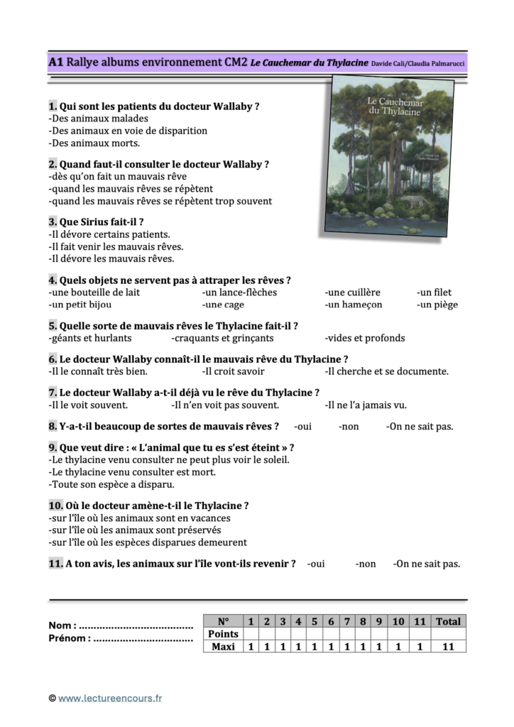 Questionnaire Le cauchemar du thylacine