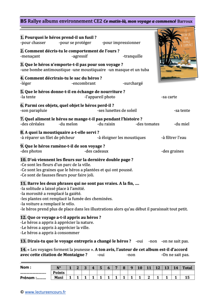 Questionnaire Ce matin-là mon voyage a commencé