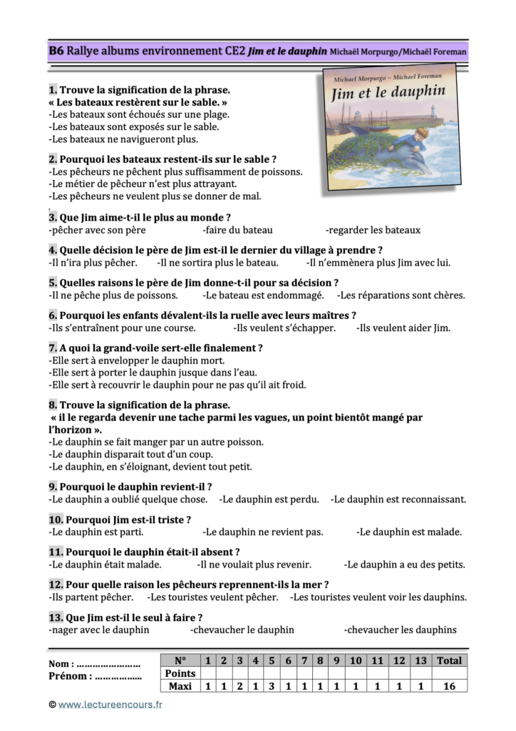 Questionnaire Jim et le dauphin