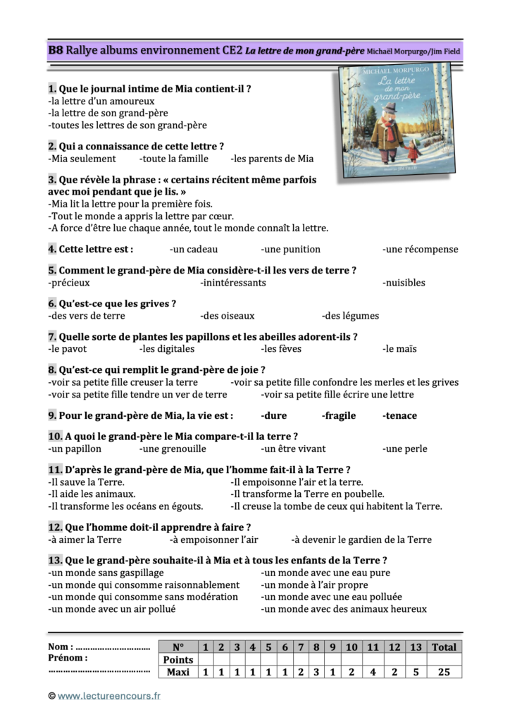 Questionnaire La lettre de mon grand-père