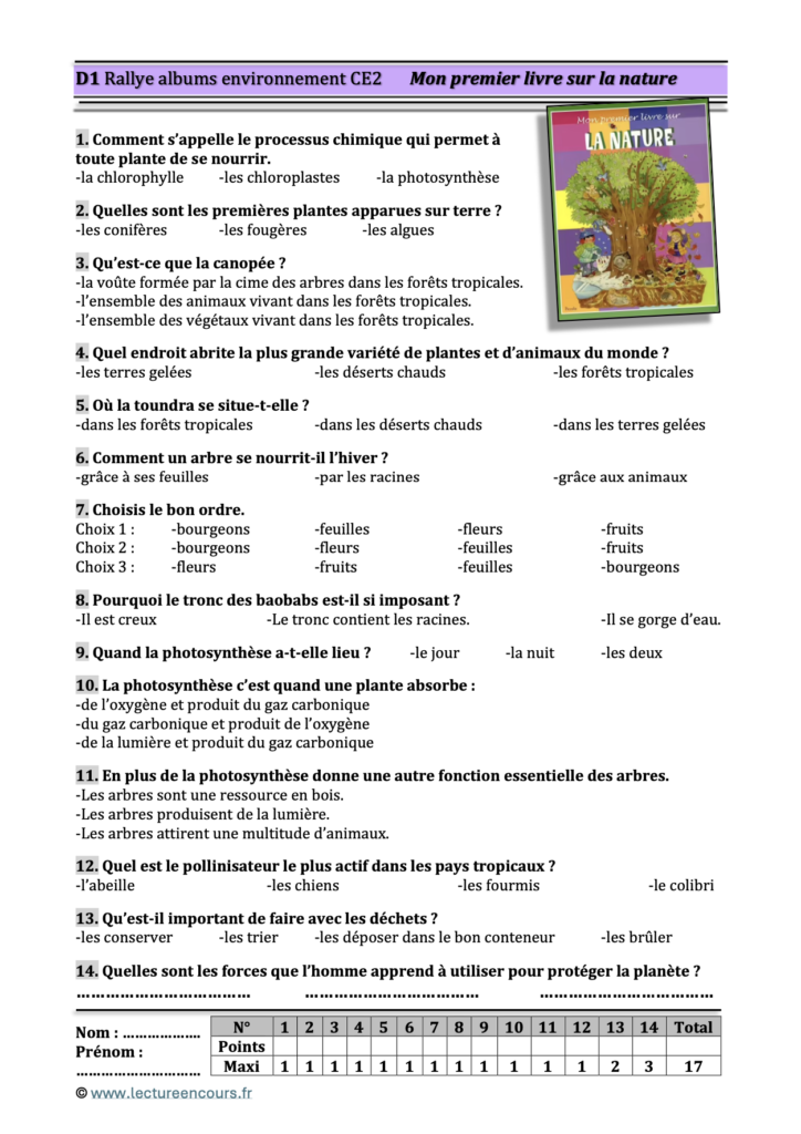 Questionnaire Mon premier livre sur la nature