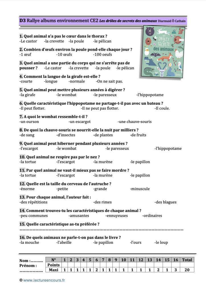 Questionnaire Les drôles de secrets des animaux