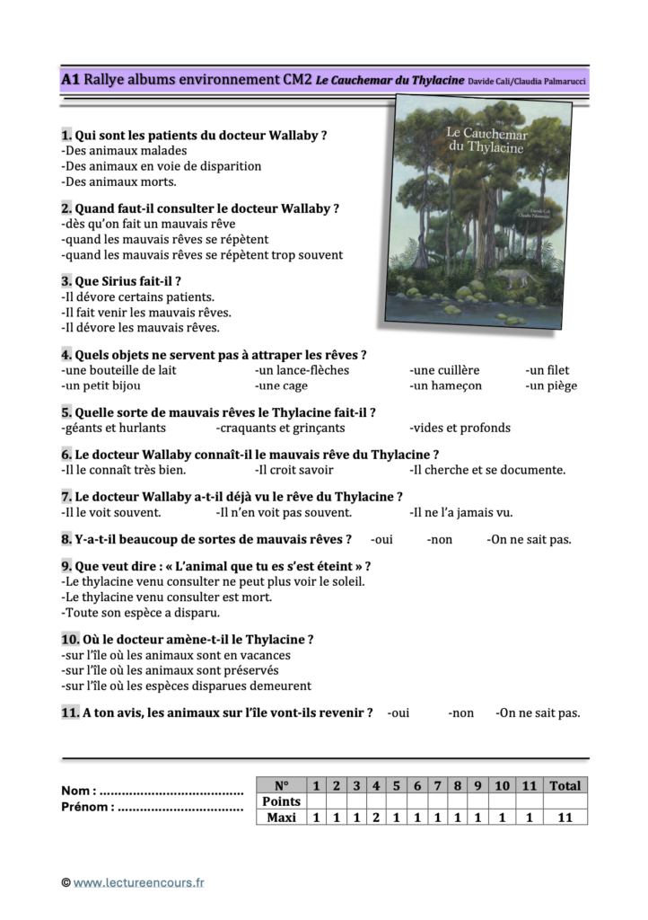 Questionnaire Le cauchemar du thylacine