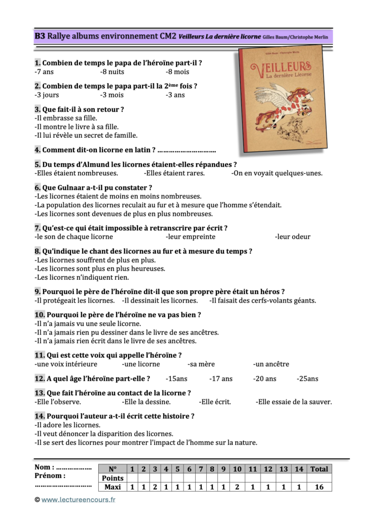 Questionnaire Veilleurs La dernière licorne