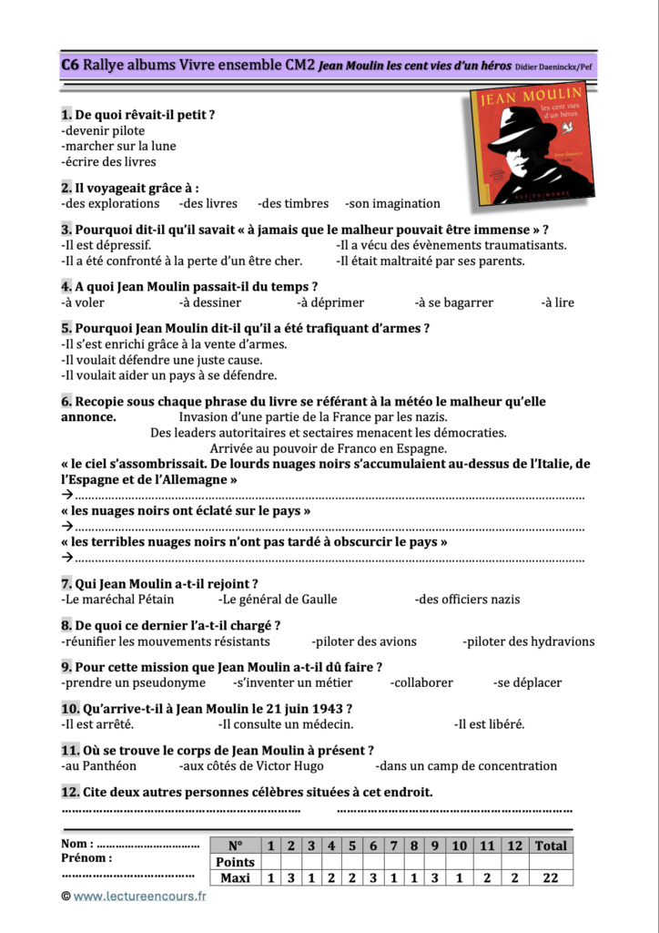 Questionnaire Jean Moulin les cent vies d'un héros