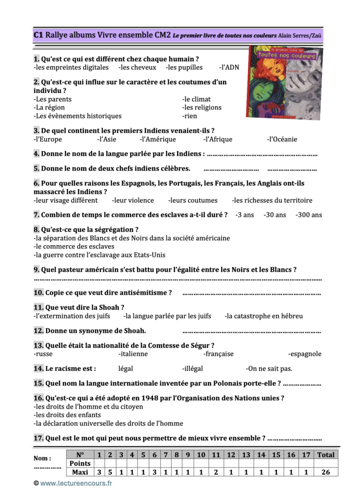 Questionnaire Le premier livre de toutes nos couleurs
