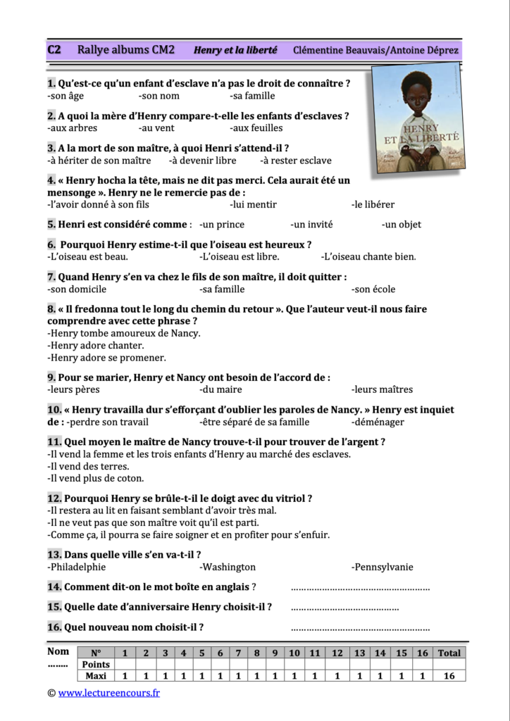 Questionnaire Henry et la liberté