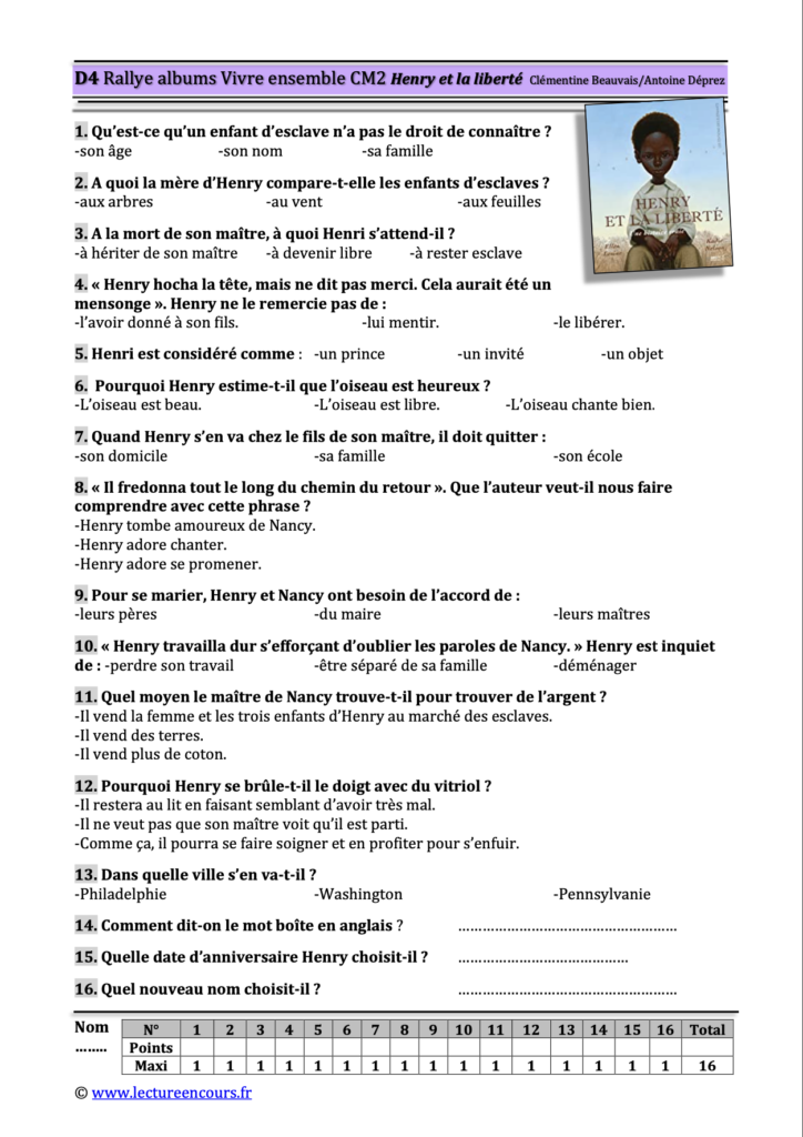 Questionnaire Henry et la liberté