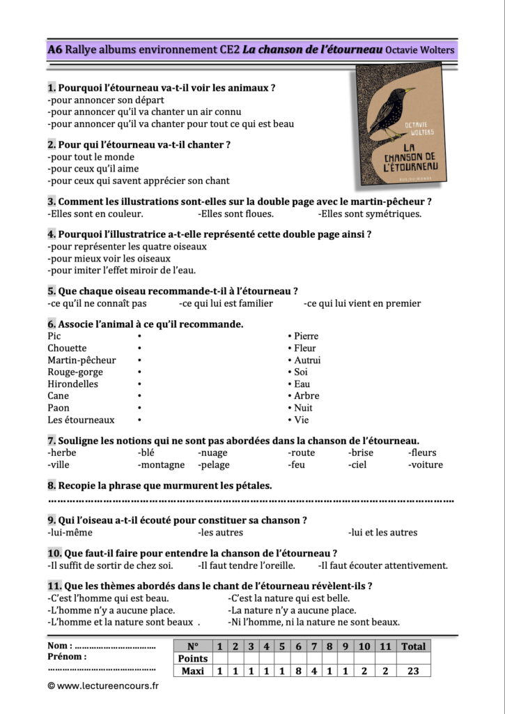 Questionnaire La chanson de l'étourneau