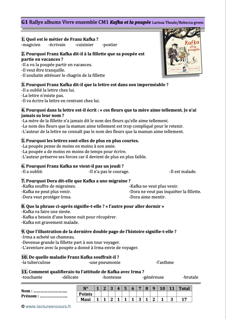 Questionnaire Kafka et la poupée