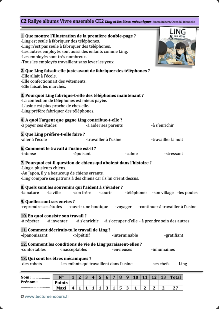 Questionnaire Ling et les êtres mécaniques