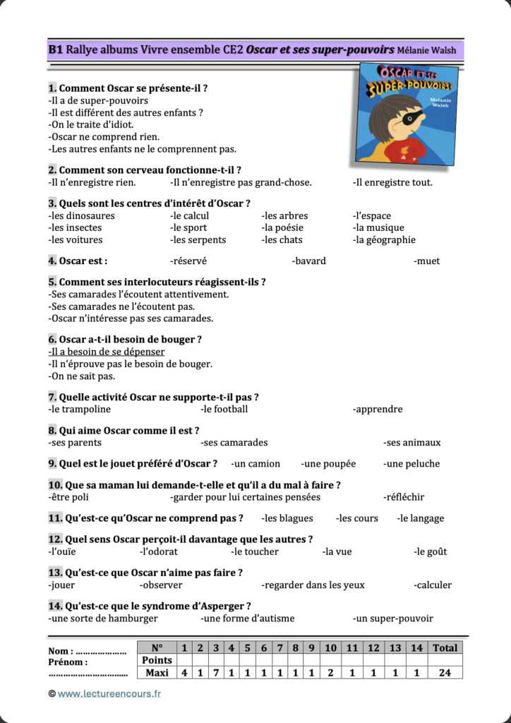 Questionnaire Oscar et ses super pouvoirs