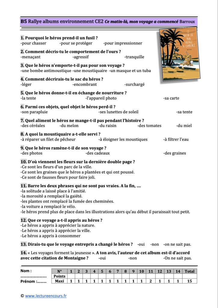 Questionnaire Ce matin-là, mon voyage a commencé