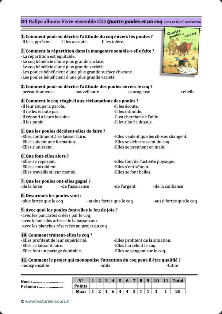 Questionnaire Quatre poules et un coq