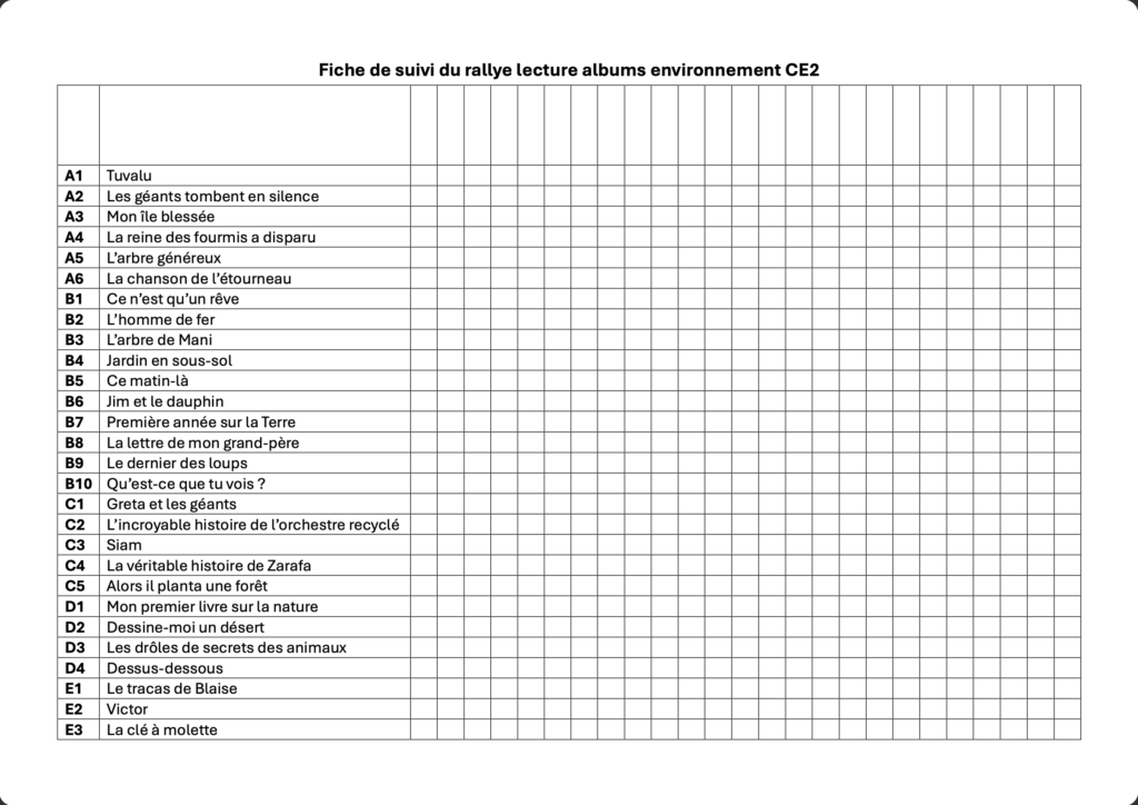 Documents rallye albums environnement CE2 fiche de suivi