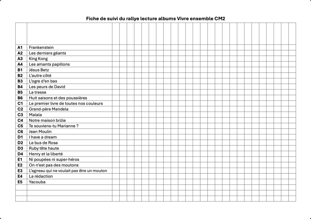 Fiche de suivi rallye albums Vivre ensemble CM2