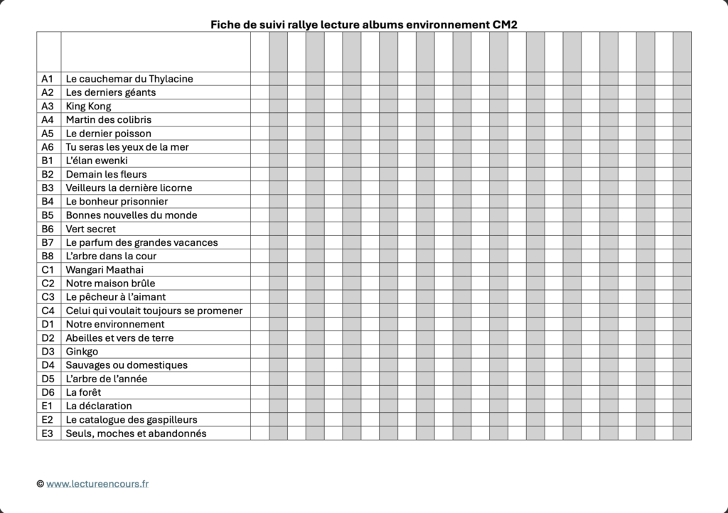 Fiche de suivi rallye albums environnement CM2