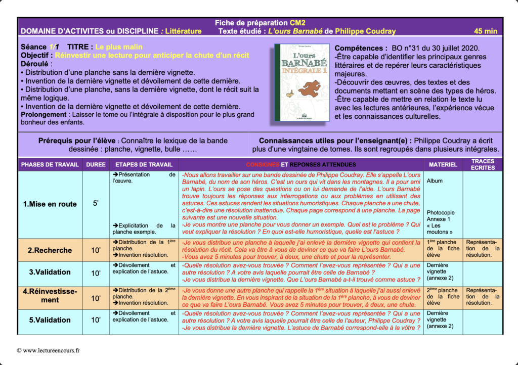 Fiche de préparation L'ours Barnabé en CM2