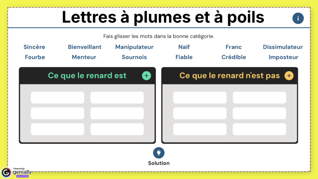 Activité interactive de vocabulaire pour décrire le renard
