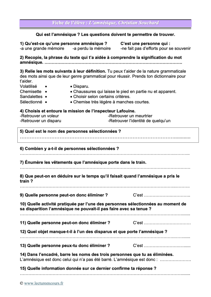 Fiche élève l'amnésique inspecteur Lafouine CM2