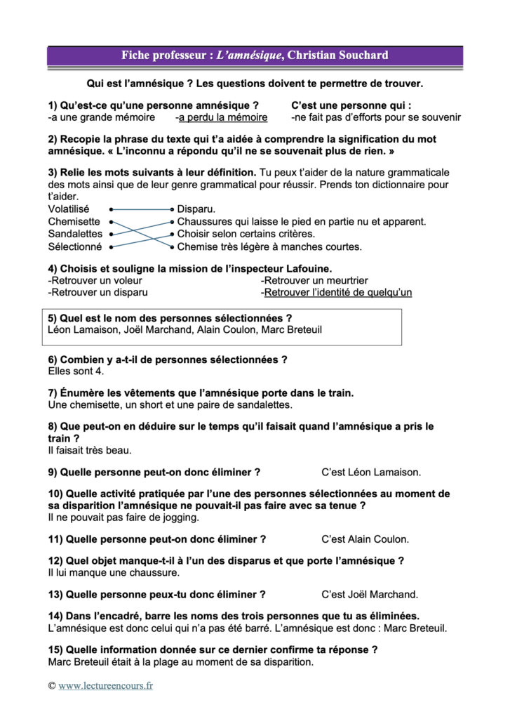 Fiche élève L'amnésique